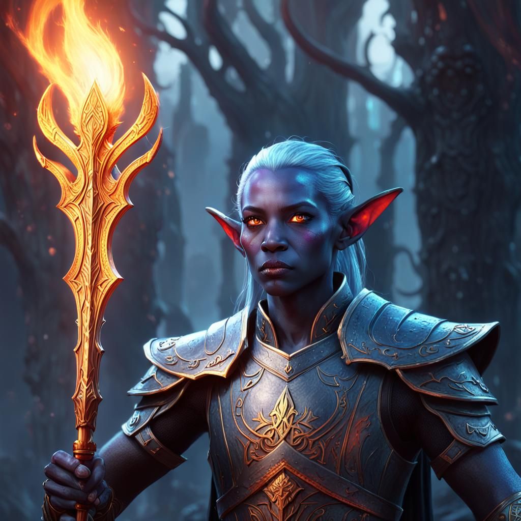 Dark Elf with Flame Sword: Hyperdetailed Portrait