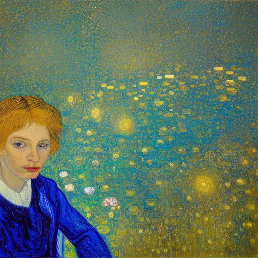 Woman Surrounded by Ethereal Holograms in a Dreamlike State,...