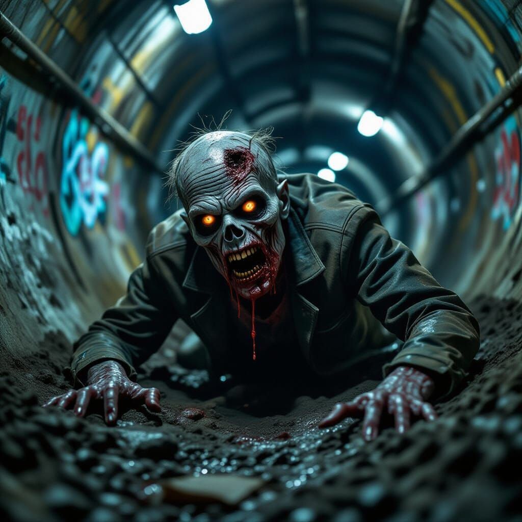 Undead Ghoul Crawling Through Subway Tunnel
