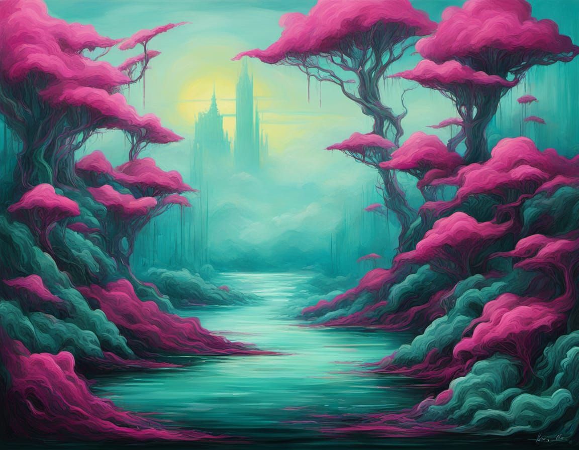 Surreal Cyberpunk Painting of Ocean Green and Magenta Abstra...