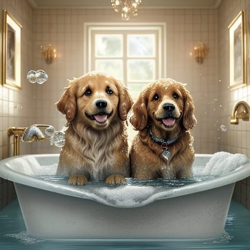 Golden Retriever and Cockapoo Enjoying a Bubble Bath
