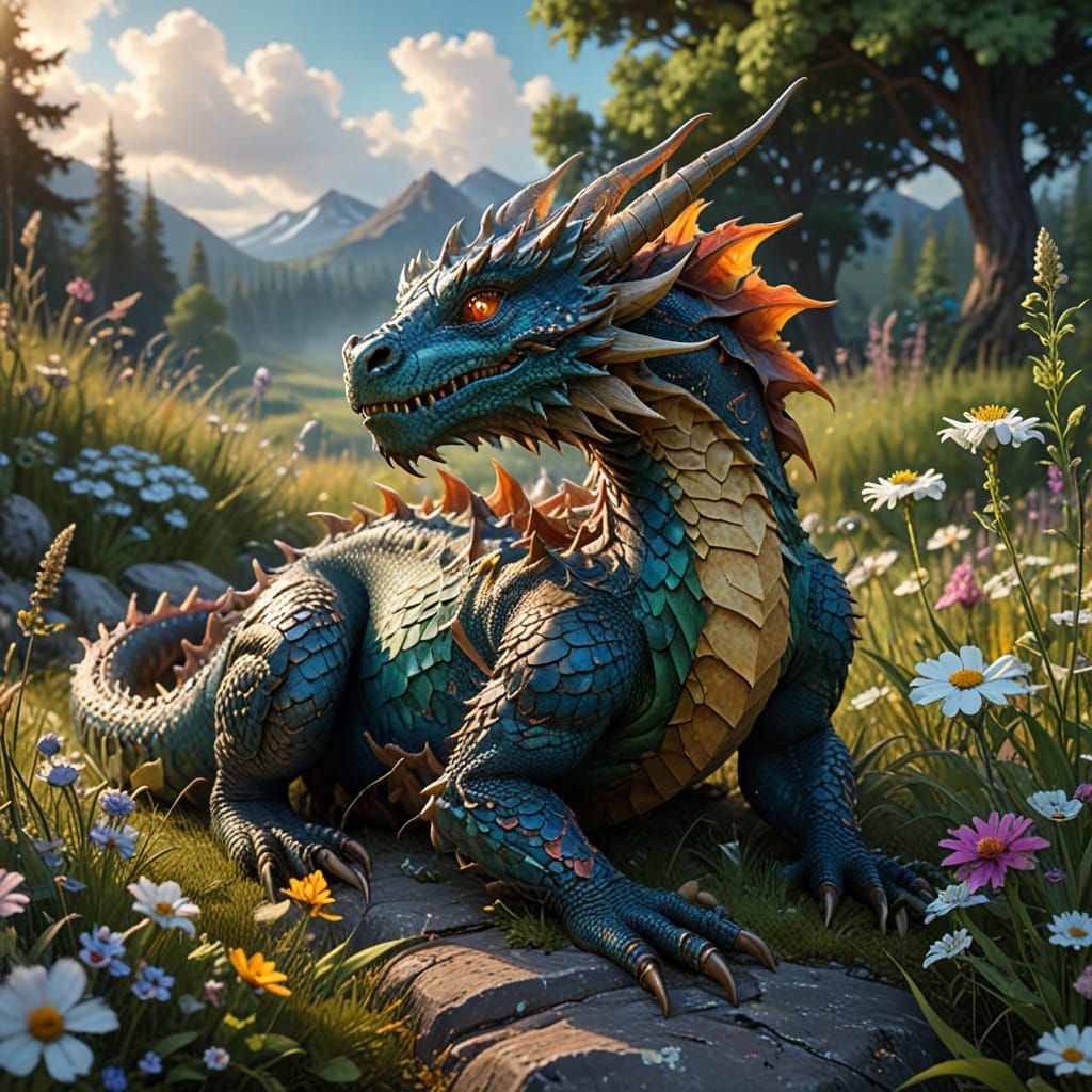 Hyperrealistic Dragon in Tranquil Slumber, Cradled by Gentle...