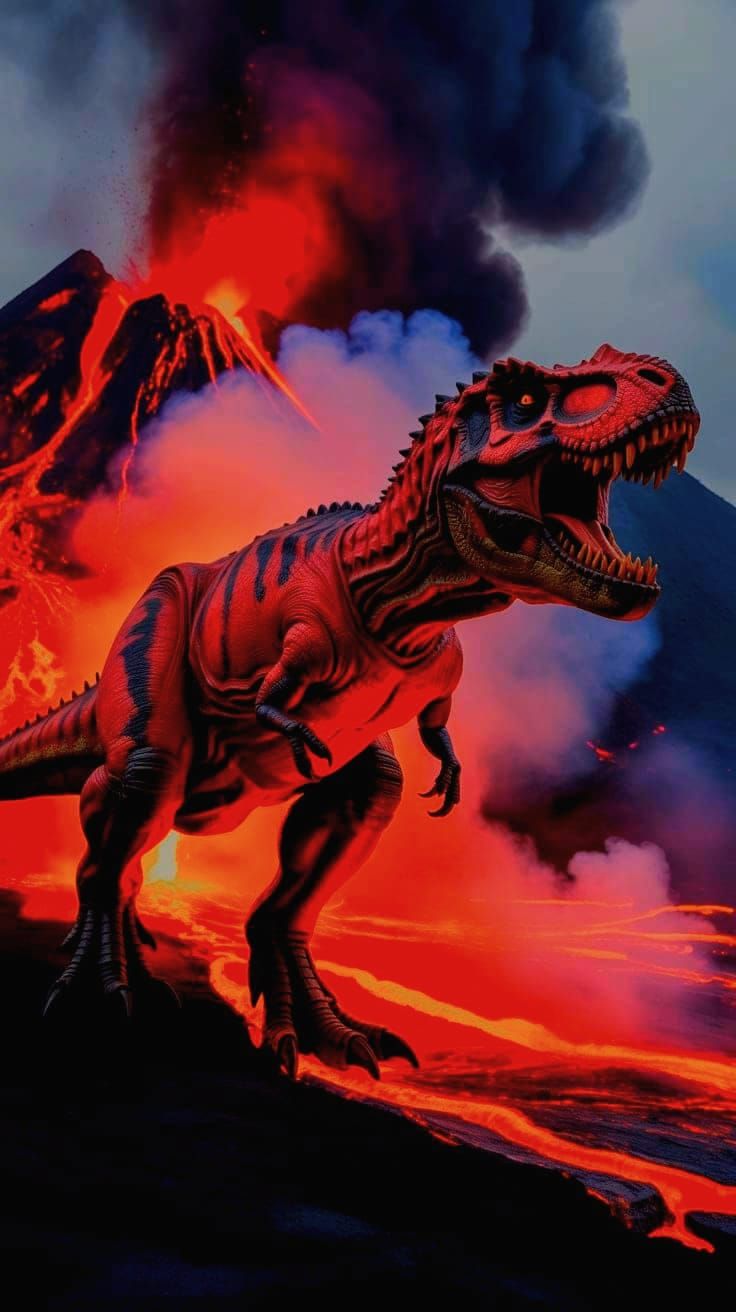 Scared T-Rex Running from Exploding Red Volcano