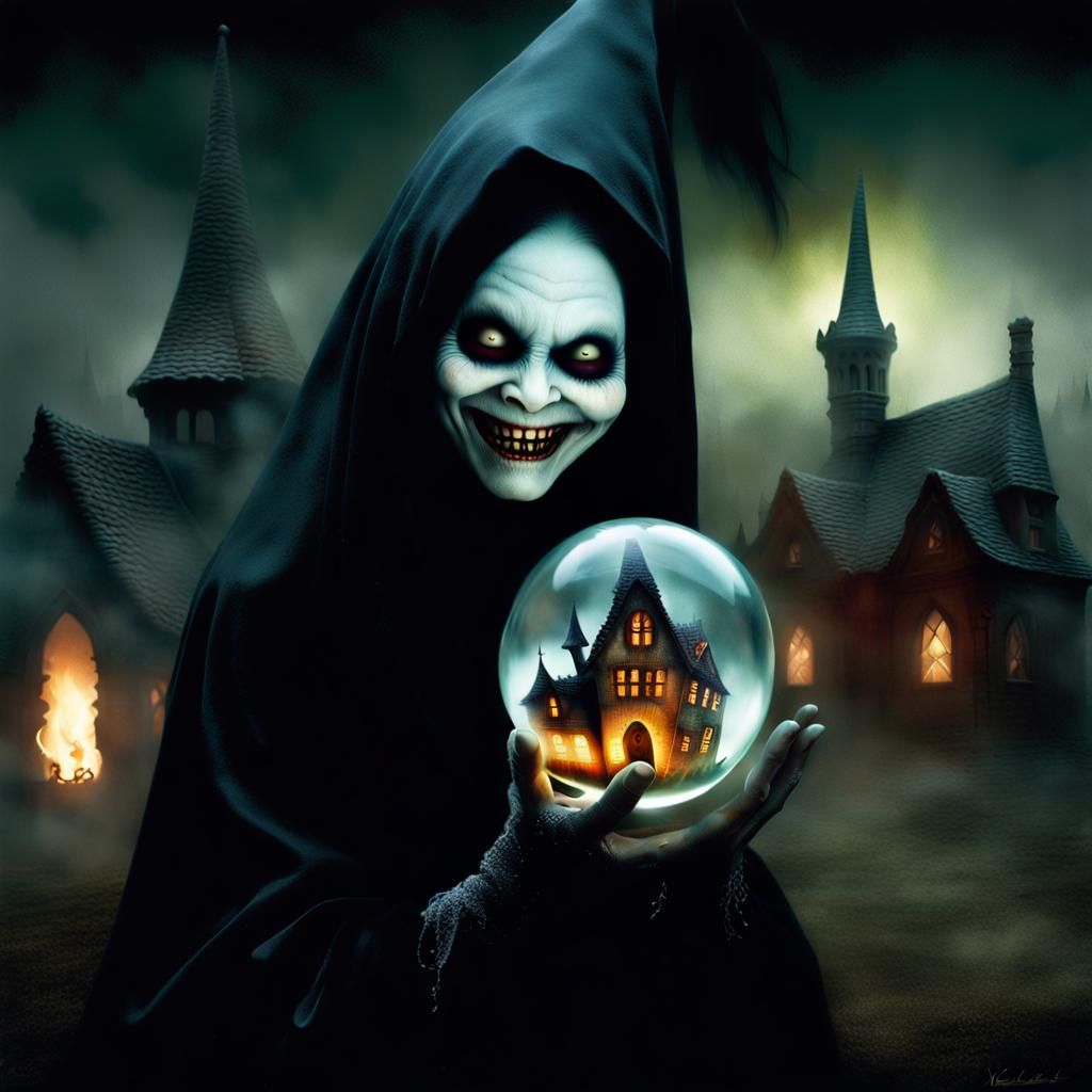 Sinister Witch Gazing into Burning Village Orb