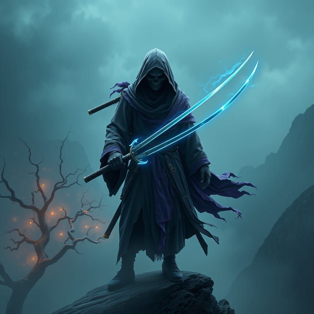 Surreal Ninja Grim Reaper in Dark Fantasy Landscape