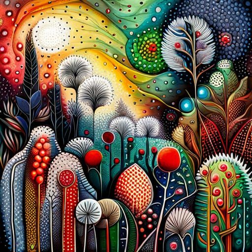 Fantasy Garden: Mixed Media Painting with Abstract Details