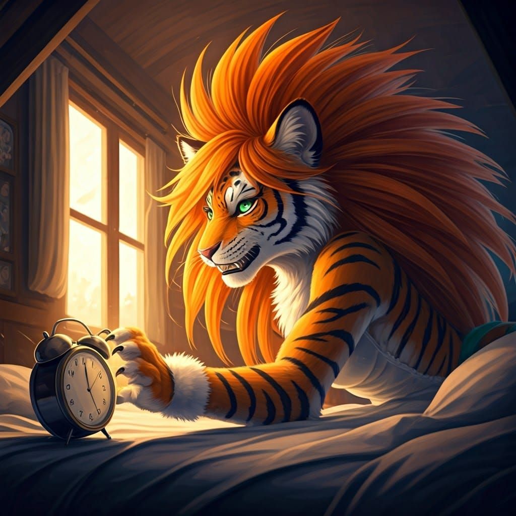 Sleek Tigress Wakes in Morning Frenzy with Fiery Hair