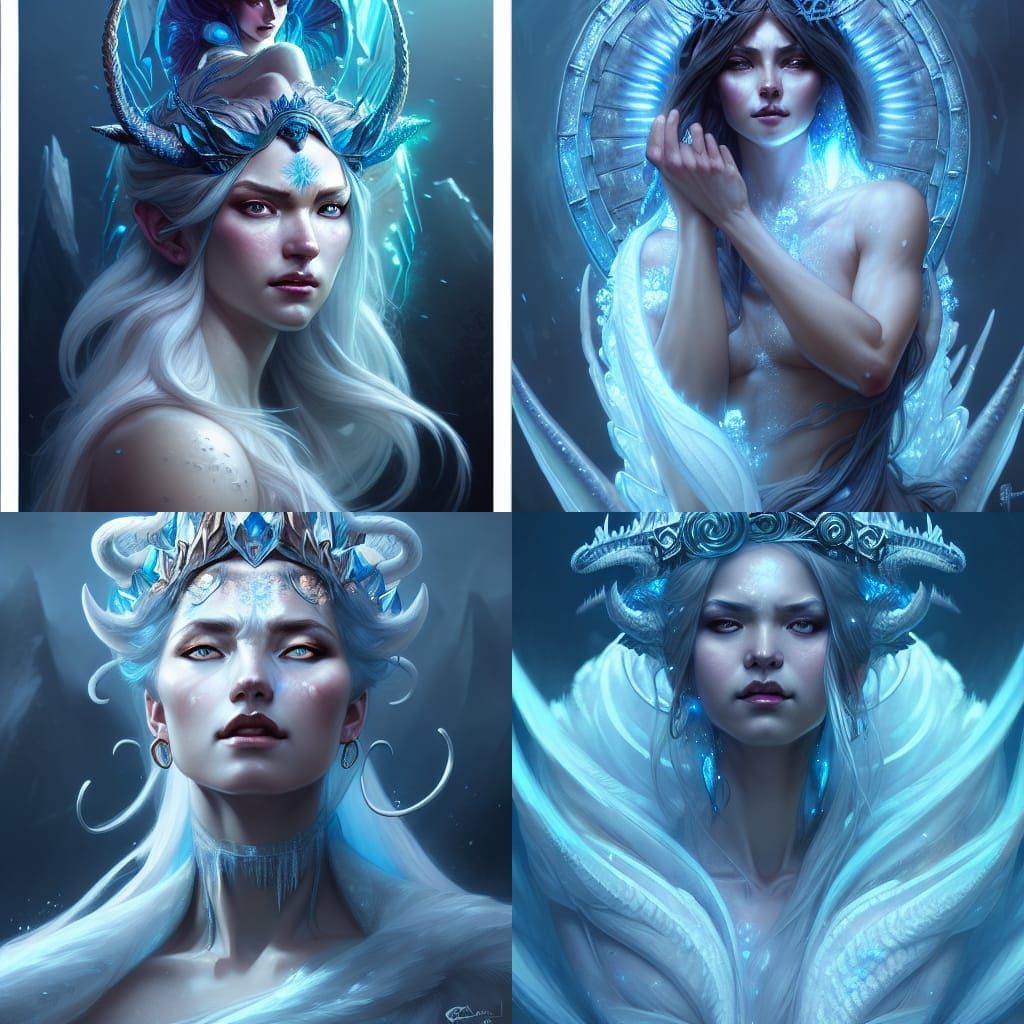 a human frozen dragon goddess queen, realistic, beautiful, 8k resolution concept art portrait by Greg Rutkowski, Artgerm...