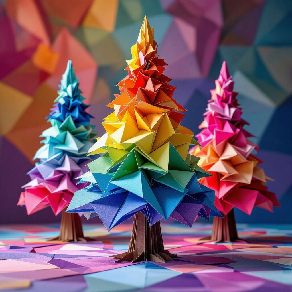 Vibrant Origami Trees in Surreal Collage