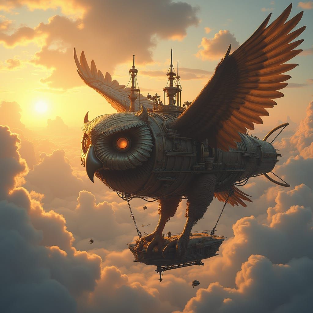 Steampunk Owl Airship Soaring Through Fantasy Sky