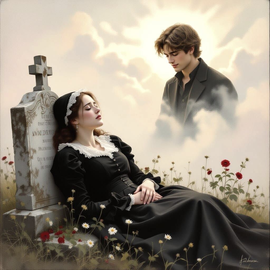 Grieving Woman on Husband's Grave, Watched from Heaven