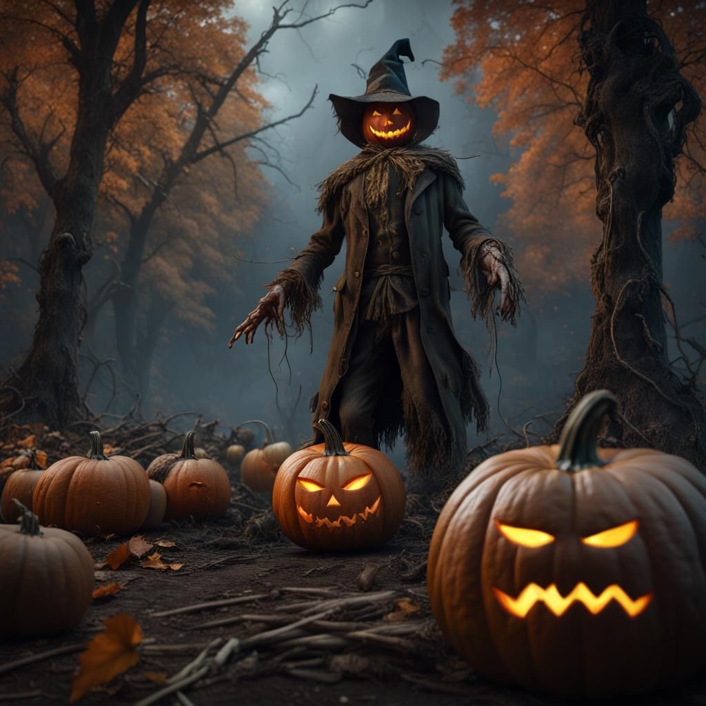 Haunted Forest Scarecrow and Pumpkins: Detailed Matte Painti...