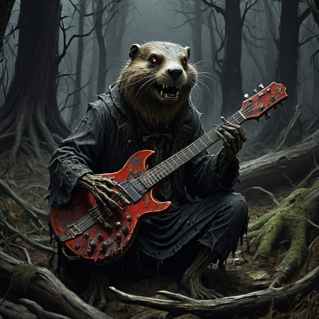 Gothic Beaver Tells Tales to Skeletal Band in Dark Forest