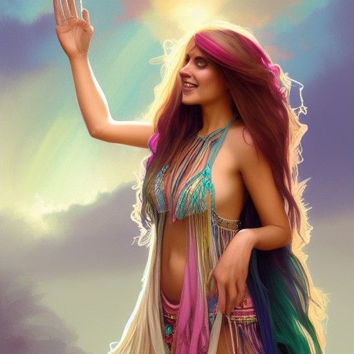 Rainbow Haired Woman Portrait in Art Nouveau Style