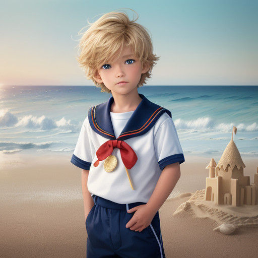 Vibrant Dreamy Sailor Boy Enjoys Beach Day in Oil Painting S...