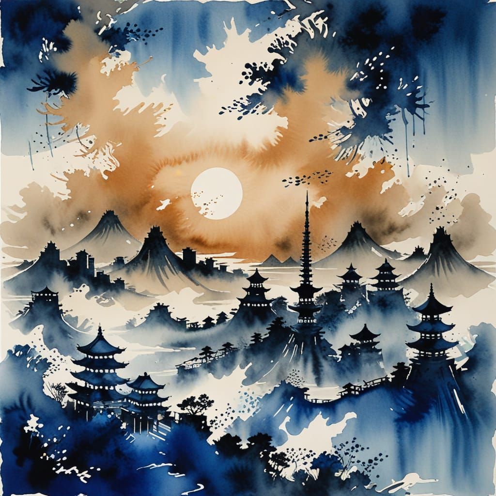 City scape, Hokusai and Yoji Shinkawa, deep blue dominant