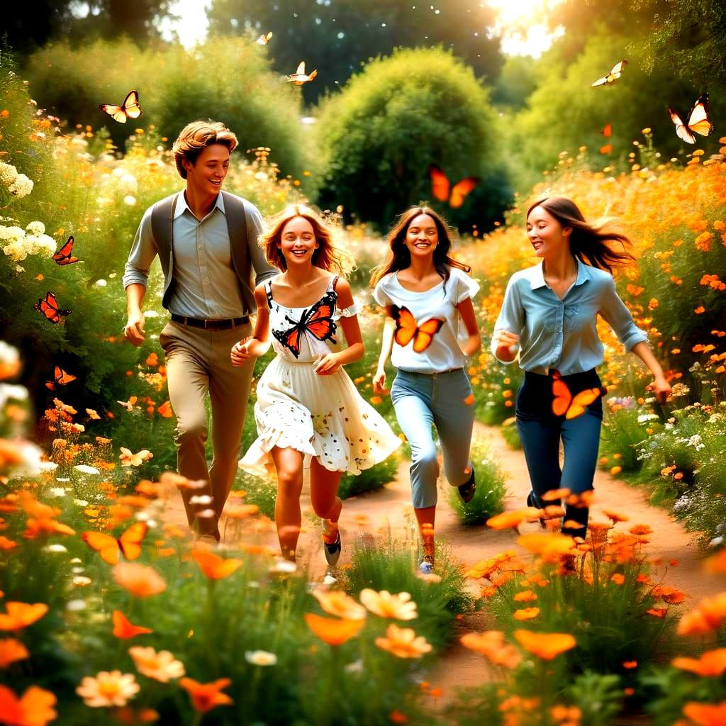 Utopian Garden in Space with People and Butterflies