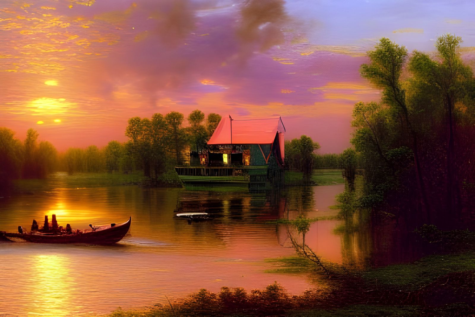 Houseboat on Bayou La Batre at Sunset