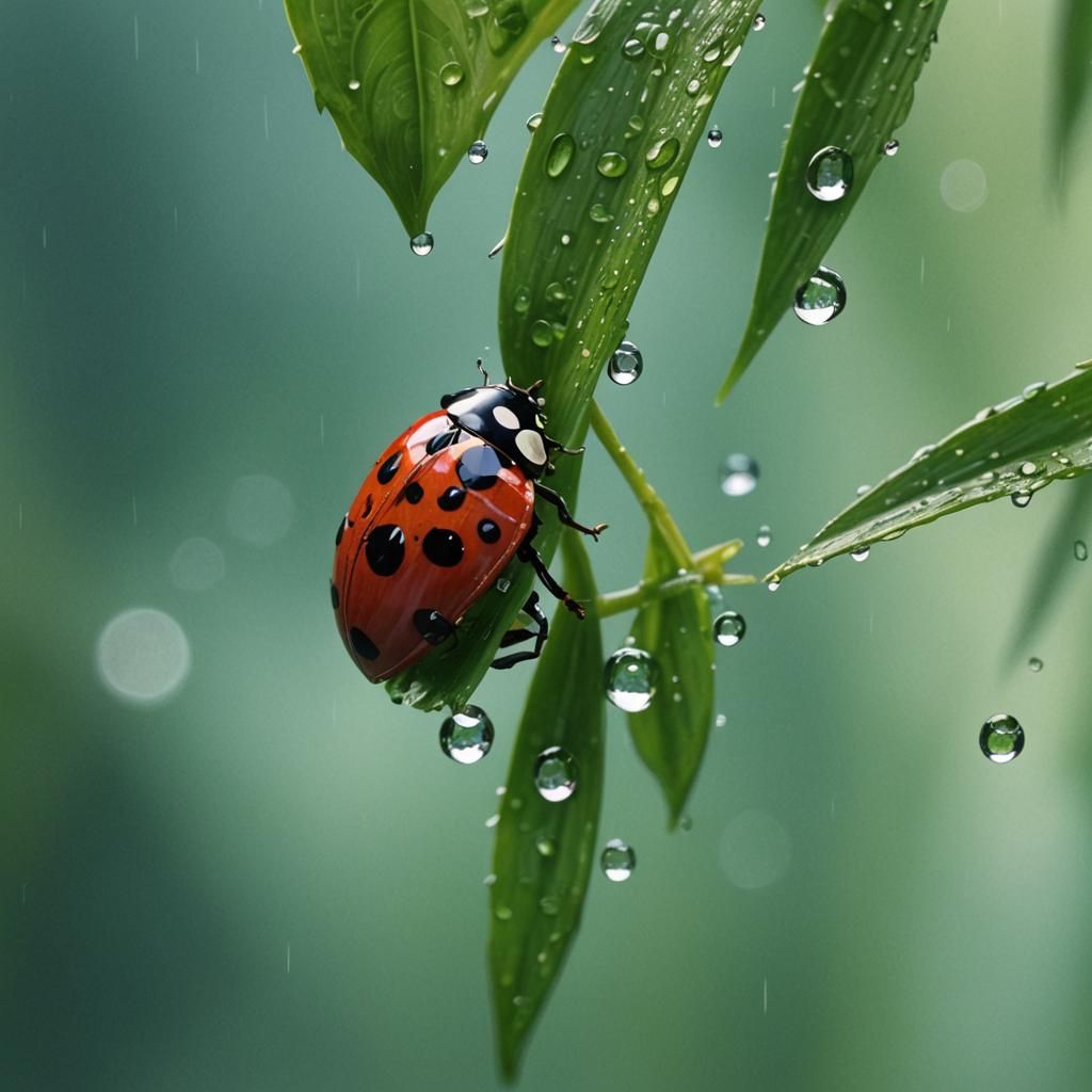 green wet grass close up shot rain drop hanging from leaf, a...