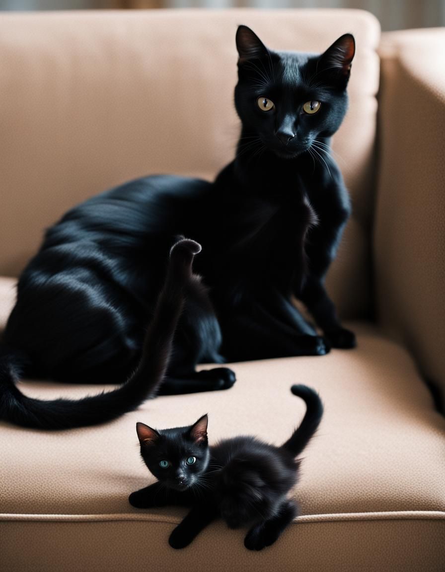 A  black cat sits regally on the back of a sofa looking down on a black kitten playing with a toy