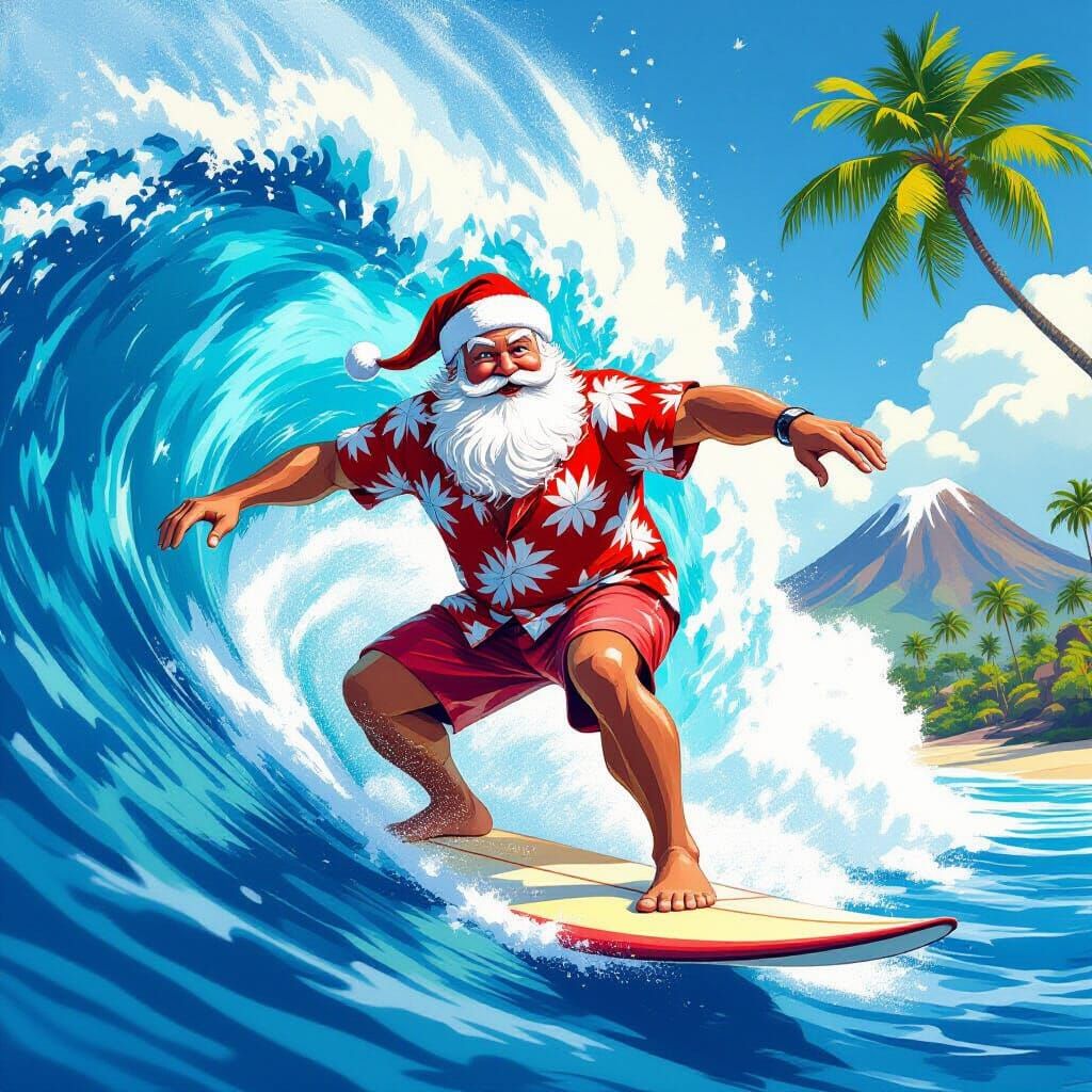 Santa Surfs Tropical Wave in Cartoon Style
