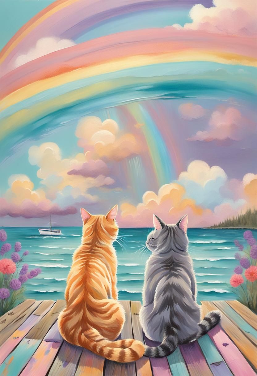 Tabby Cats Watch Rainbow, Impressionist Style