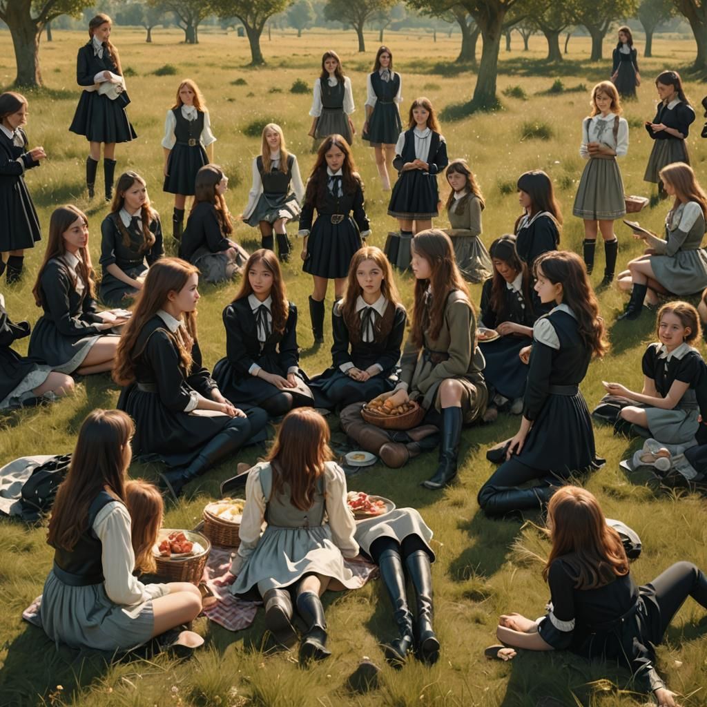 Schoolgirls' Picnic in Picardy, Pre-Raphaelite Style
