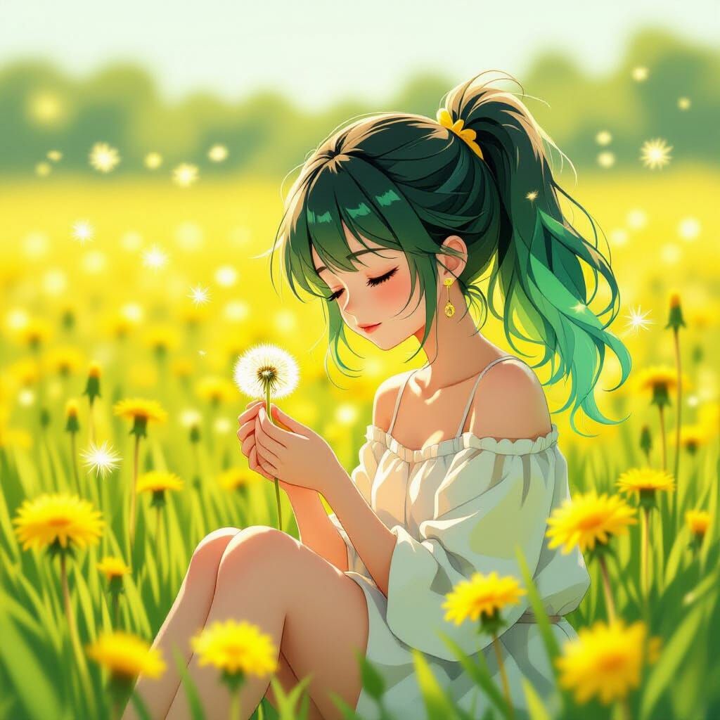 Anime Girl in Dandelion Field, Vibrant Cel-Shaded Style
