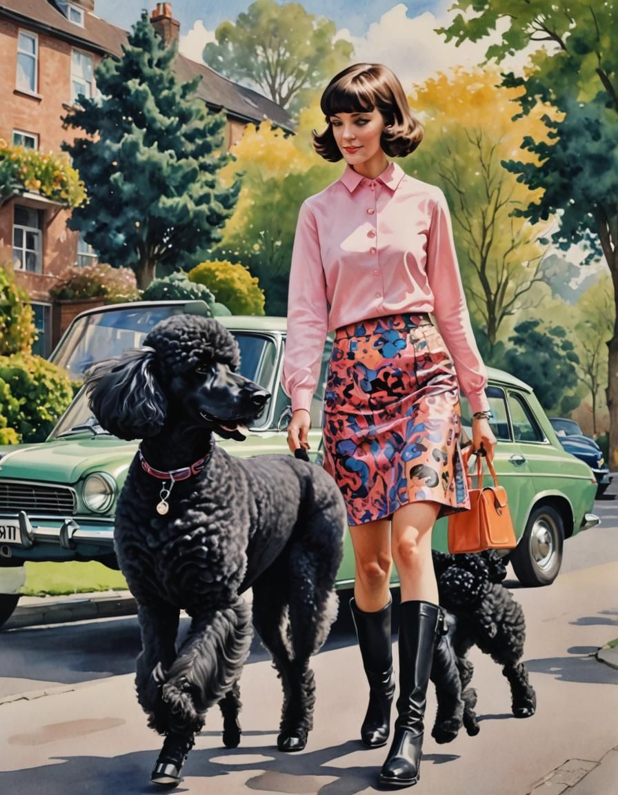 1960s Fashion Lady with Poodle in Watercolour