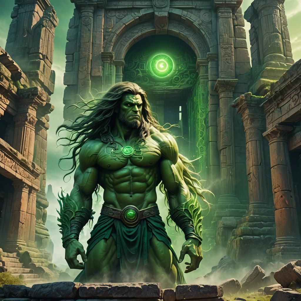 Green Muscle Man in Front of Ancient Ruins