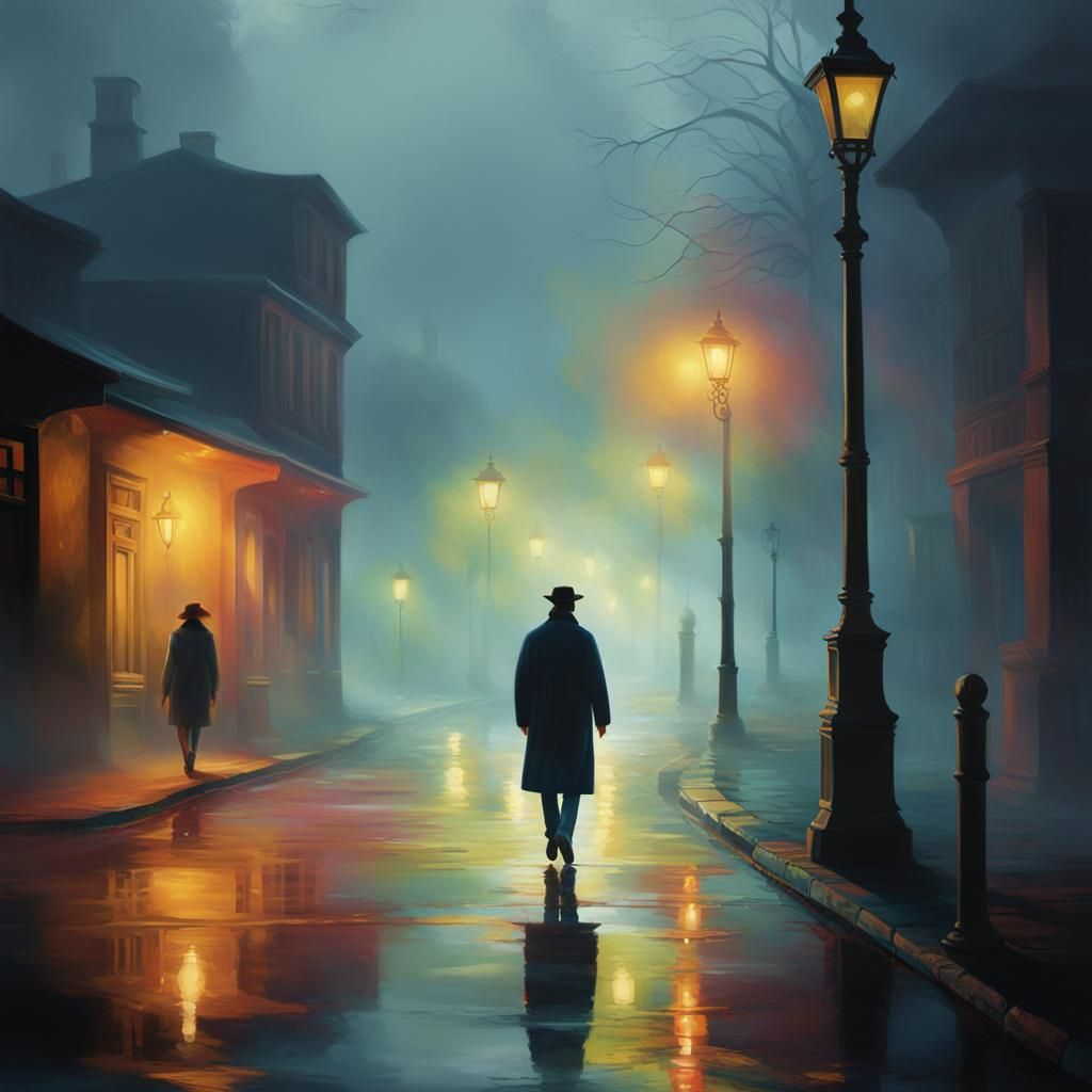 Lone Figure Disappearing into Mist, Oil Painting