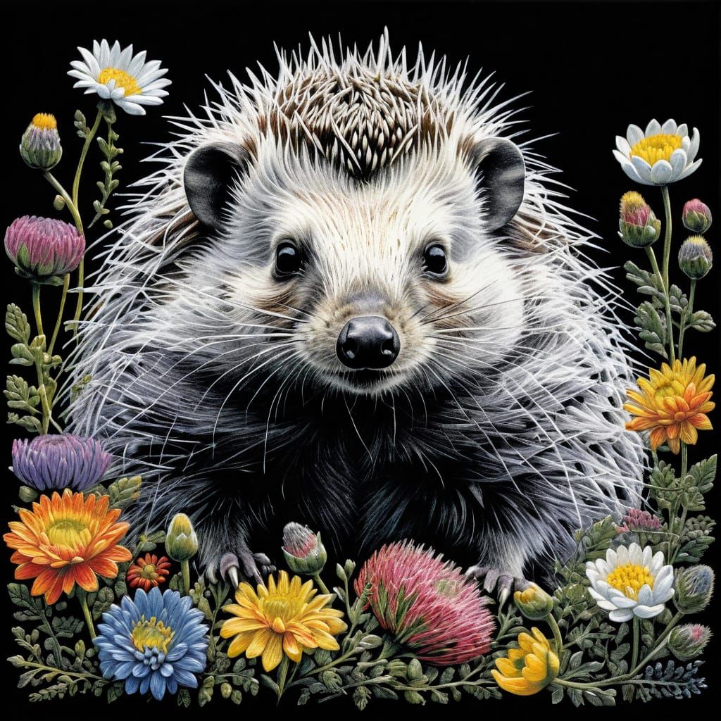 Hedgehog Portrait Framed by Flowers in Chalk Style