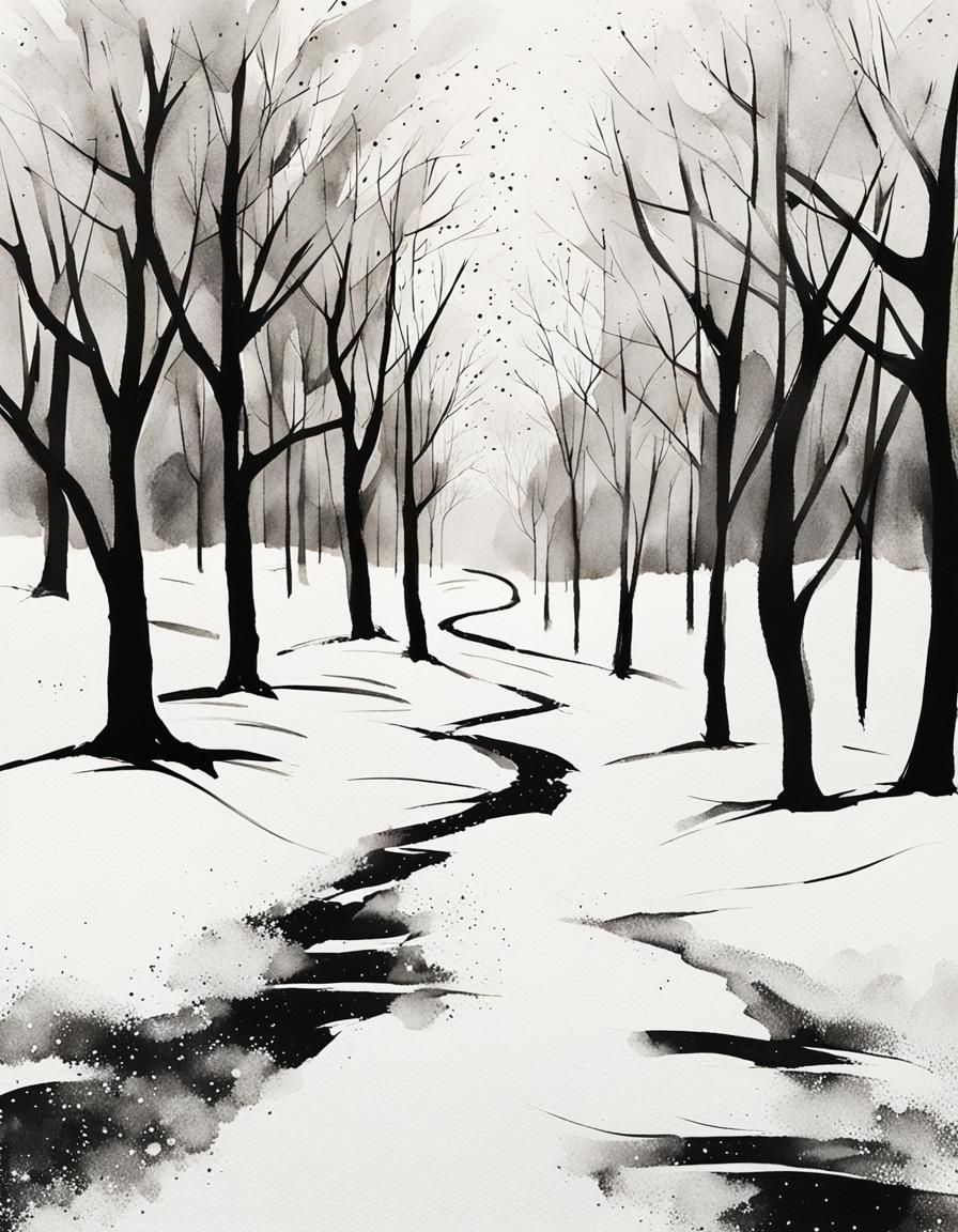 Minimalist Ink Illustration of Winter Trees in Snow