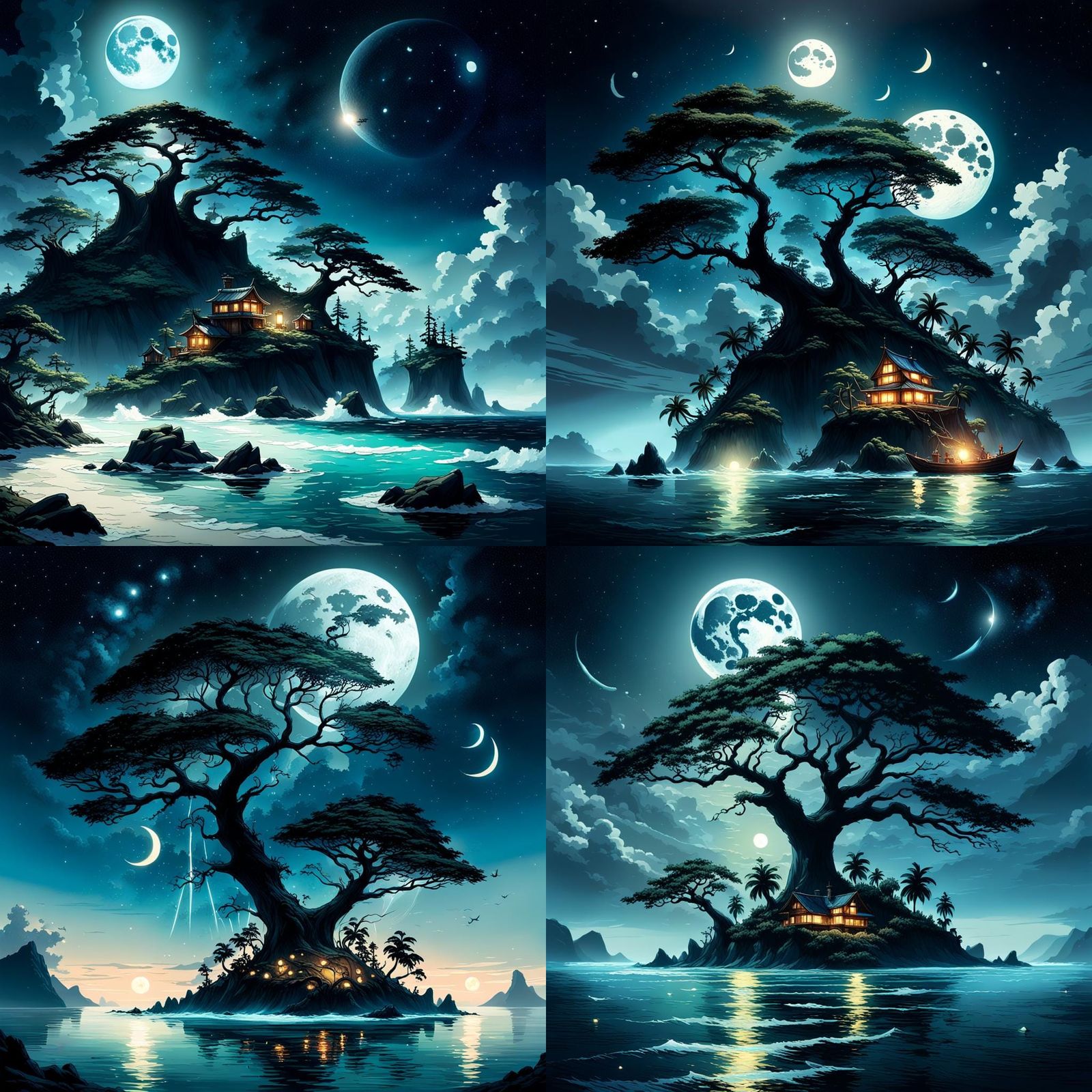 Island Dreamscape with Twin Moons in 3D Digital Art