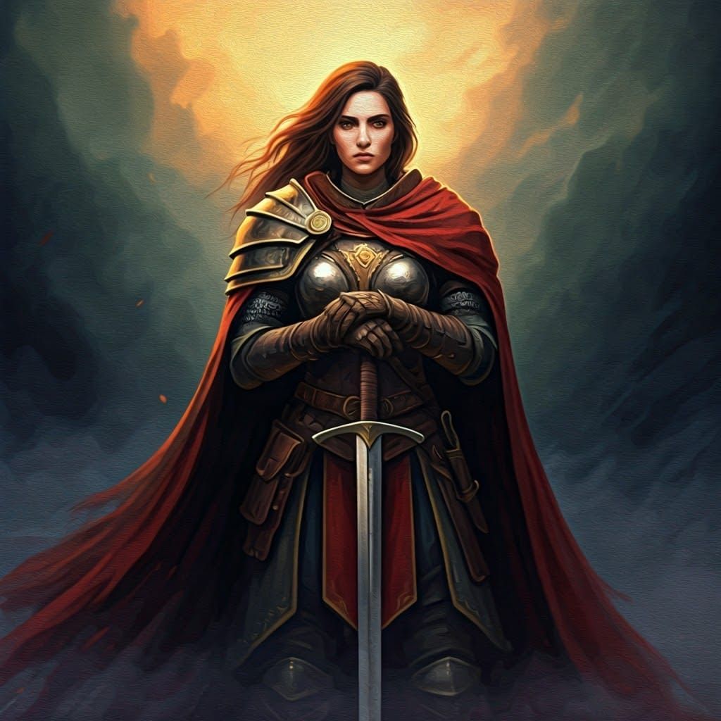 Female Warrior in Twilight, Impasto Painting