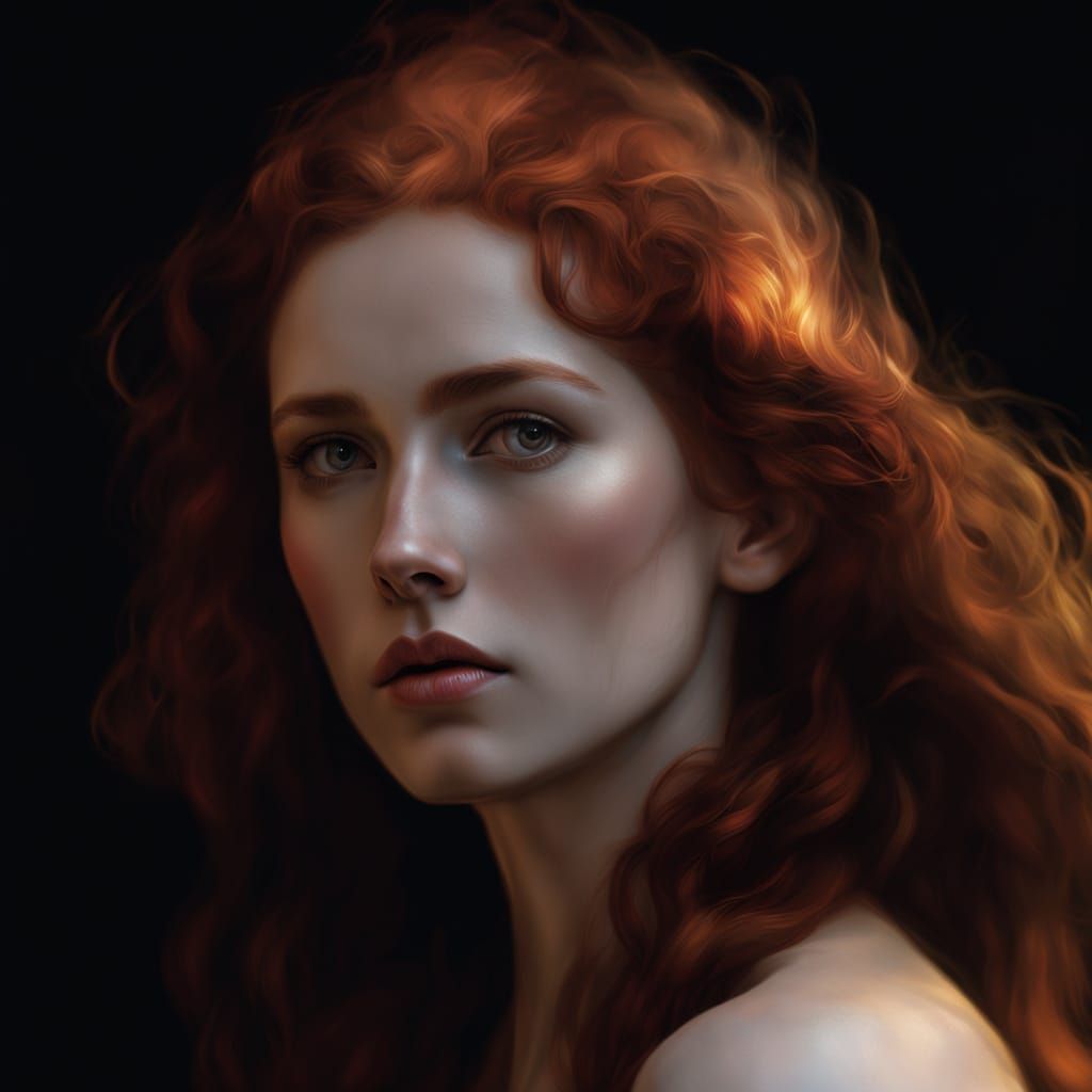 Art Nouveau Portrait: Woman with Red Hair in Golden Light