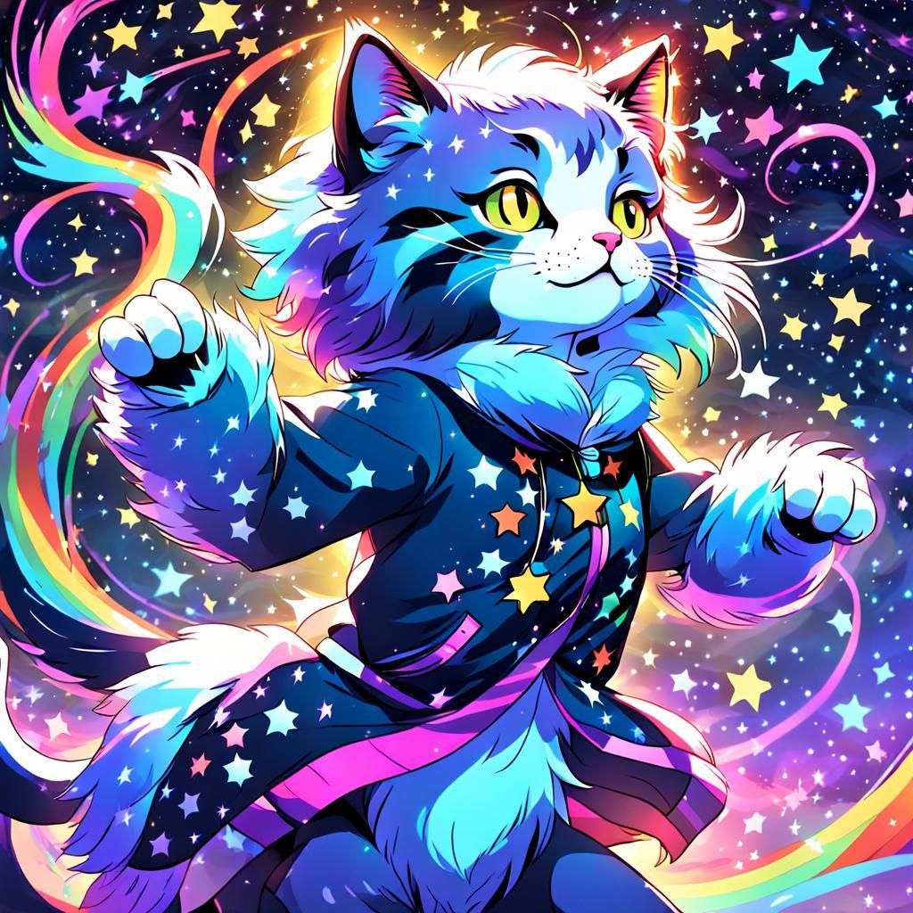 Pop Art Feline Dances in Starry Anime Night