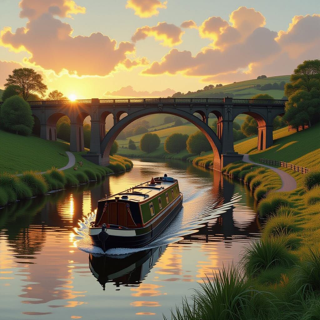 Narrowboat Sails Under Aqueduct in Romantic Style