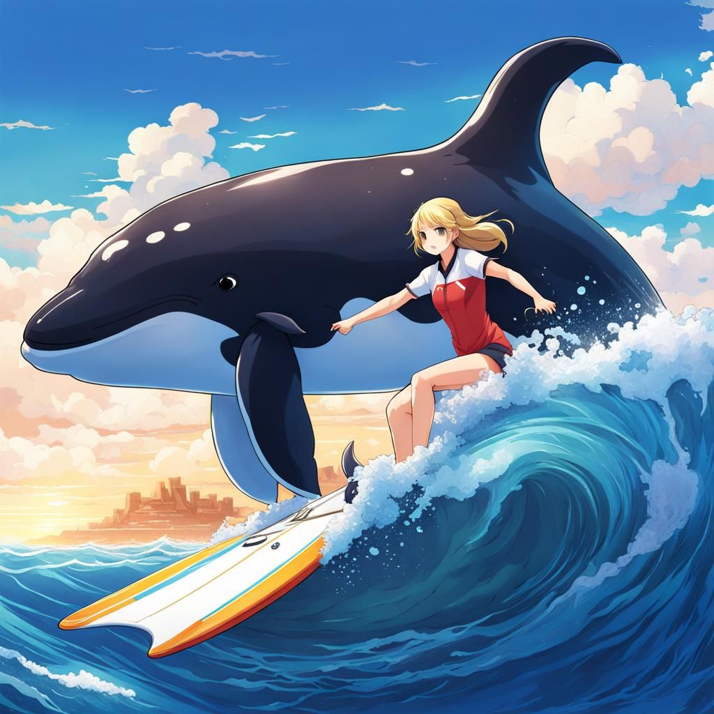 Girl Surfing on Whale in Anime Style