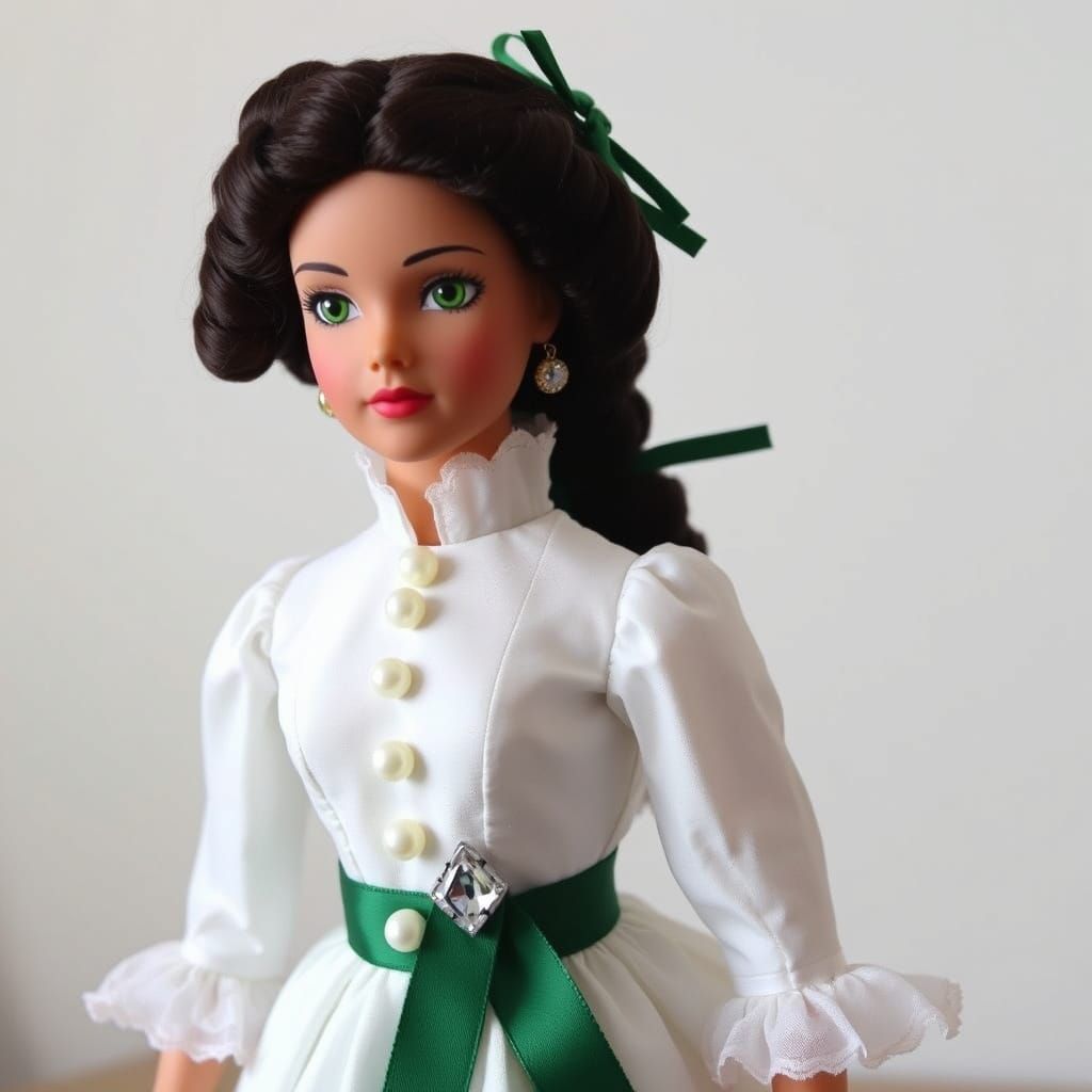 Scarlett O'Hara Madame Alexander Doll with green eyes, white dress with pearl buttons on the bodice, green sash with a d...