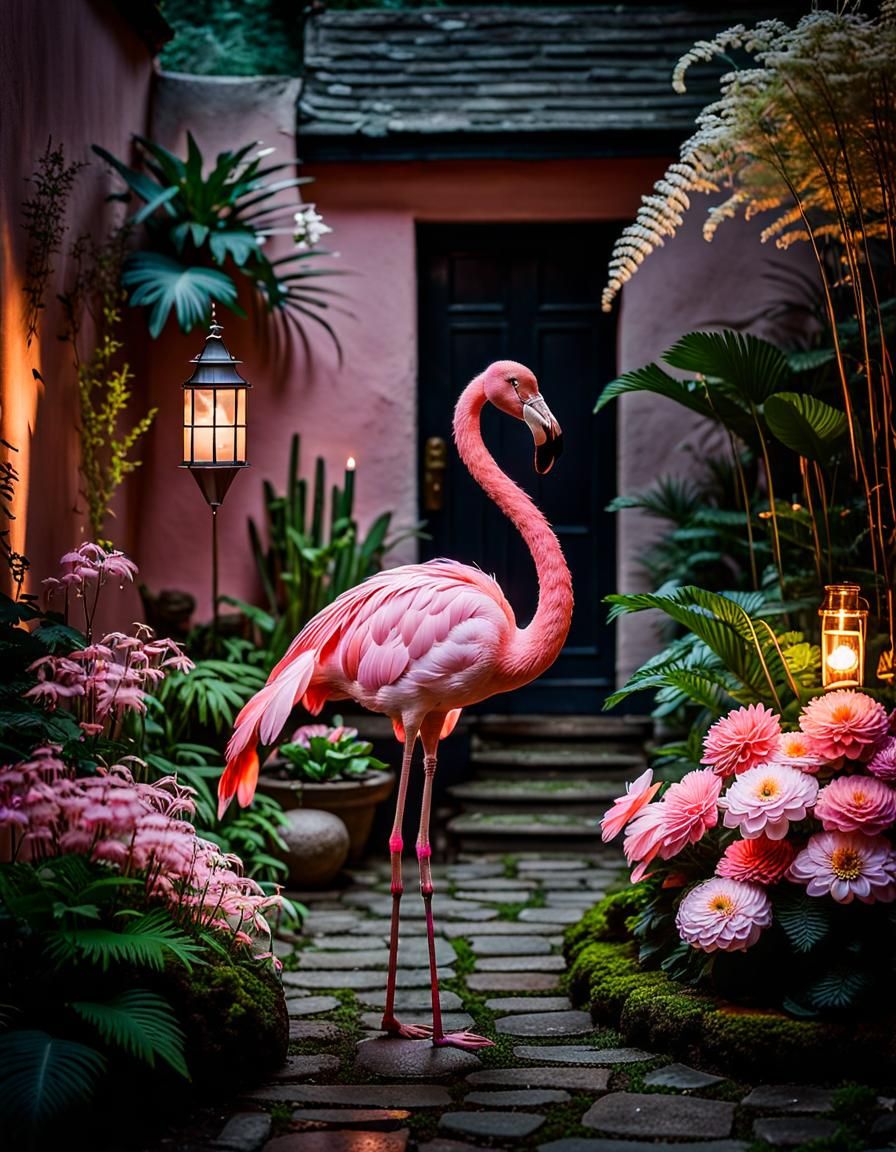 Anthropomorphic Flamingo in Boho Dress, Candlelit Portrait