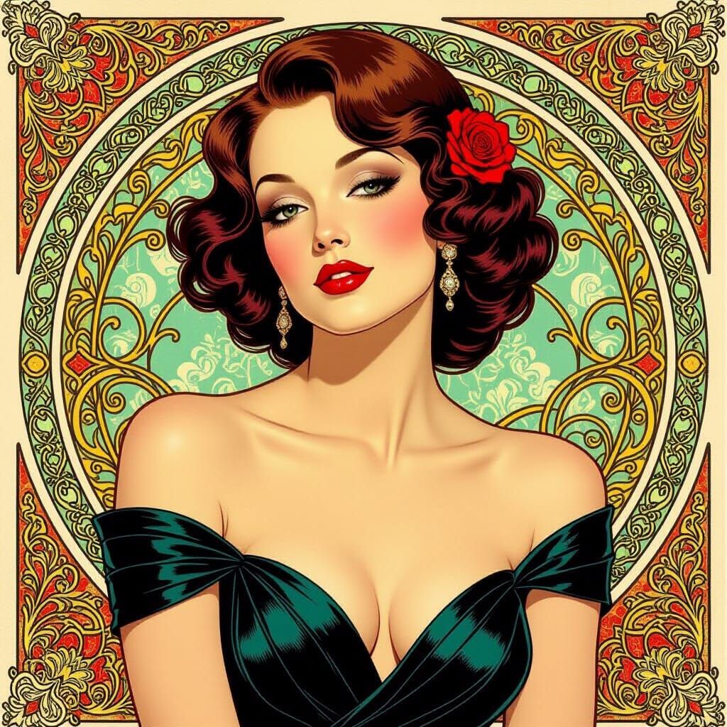 Elegant Woman with Red Lips in Art Nouveau Style