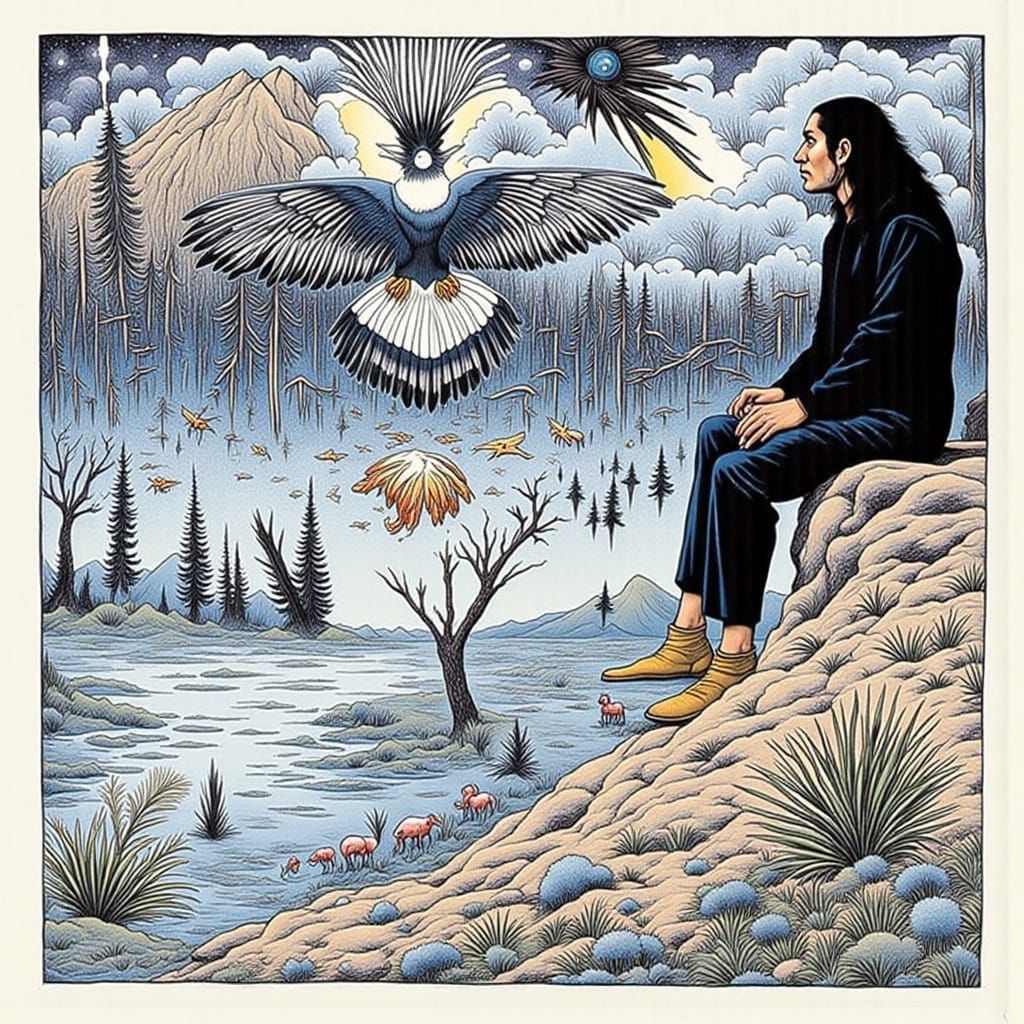 Native American Contemplation at Dawn with Wildlife