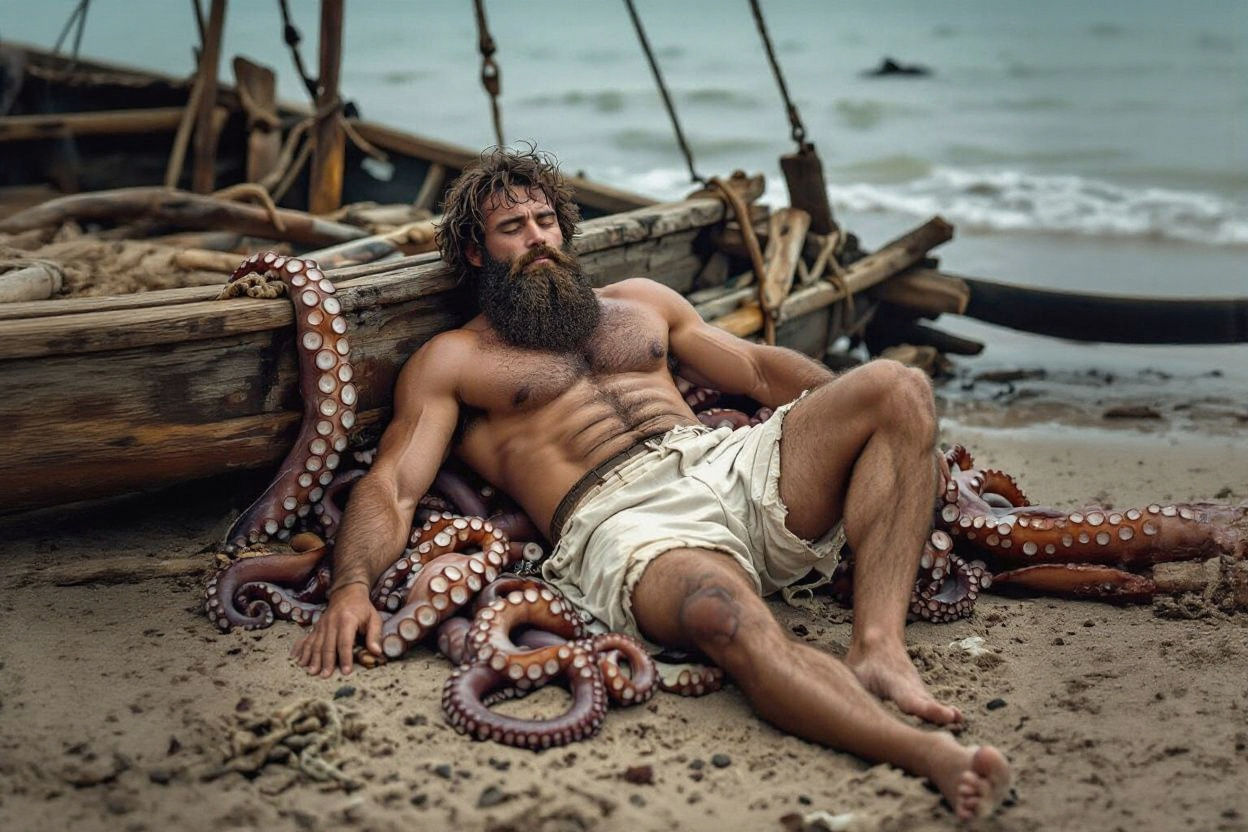 Shipwrecked Sailor Surrounded by Tentacles on Deserted Beach
