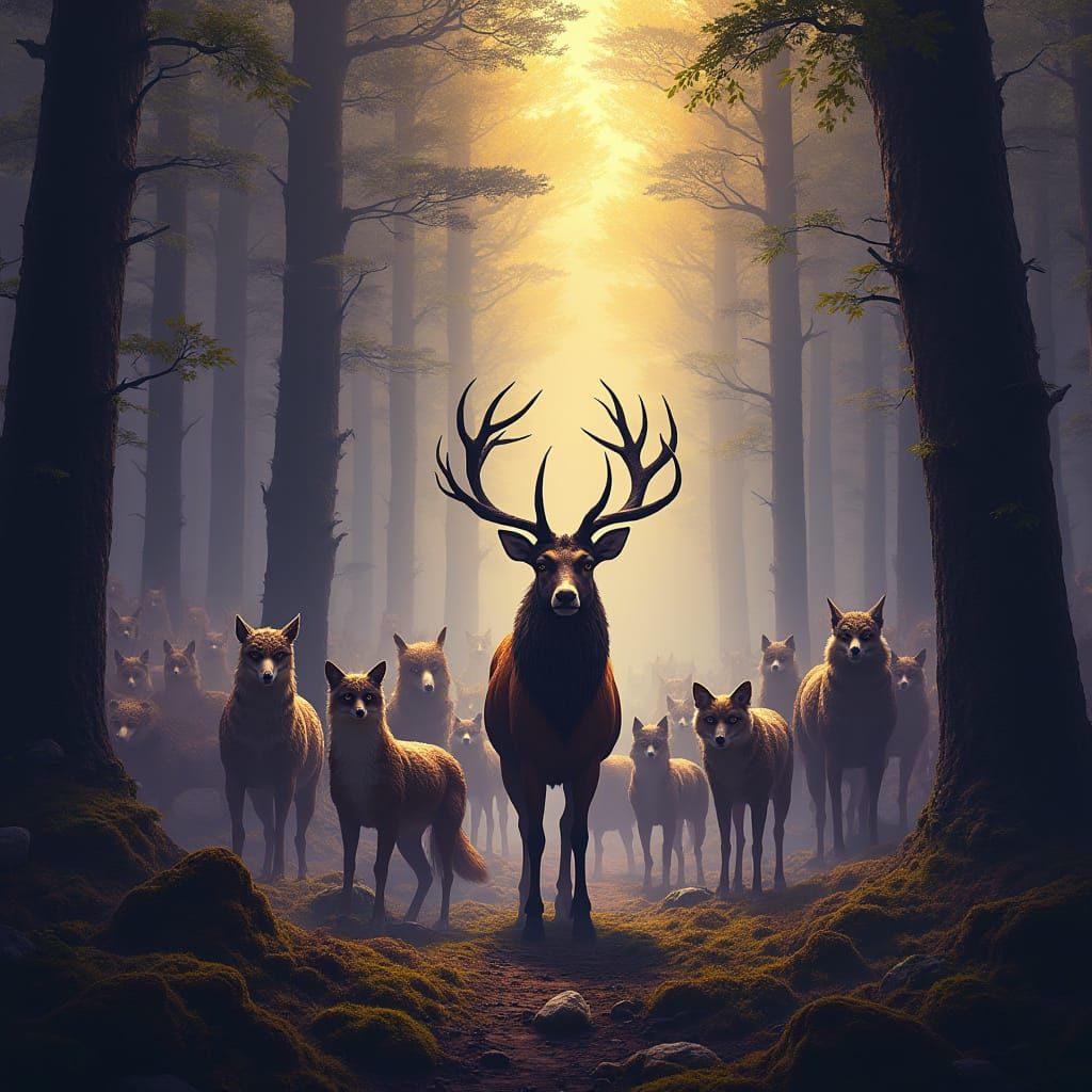 Regal Creatures Converge in Enchanted Forest