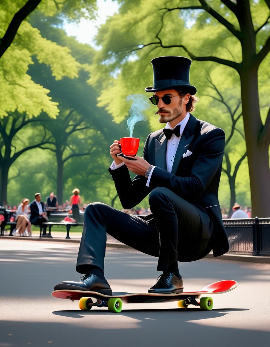 English Gentleman Rides Neon Skateboard in Central Park