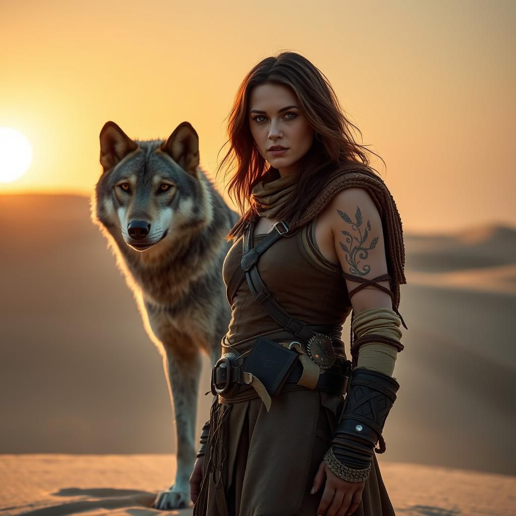 Desert Huntress and Wolf in Cinematic Lighting