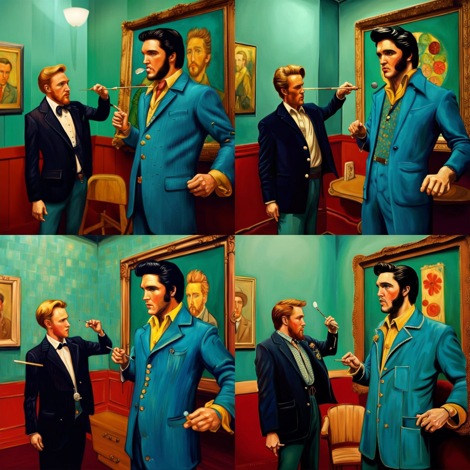 Elvis and Van Gogh Play Darts in Art Nouveau Style