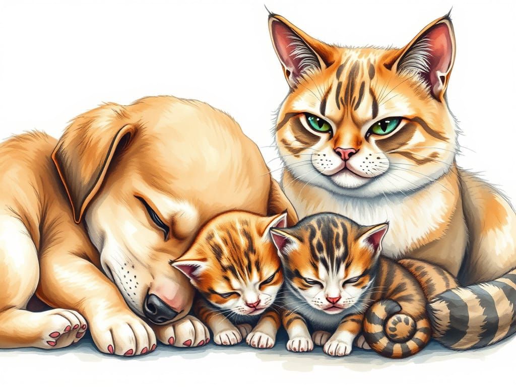 Puppy and Kittens in Whimsical Vintage Watercolor