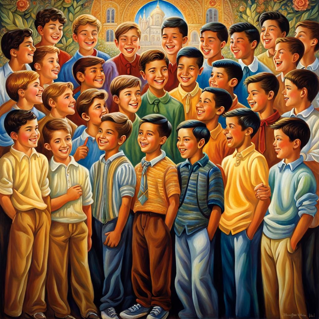 High School Boys Singing on Stage: Oil Painting